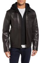 Men's Vince Camuto Leather Jacket With Removable Hooded Bib - Black