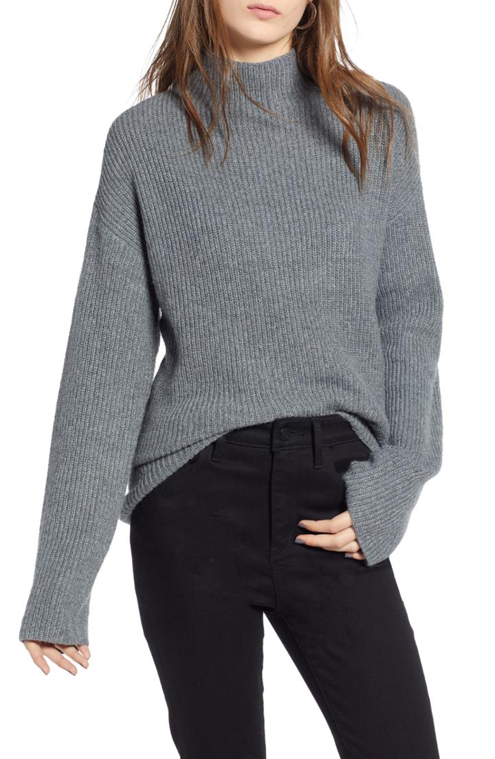 Women's Treasure & Bond Ribbed Funnel Neck Sweater - Grey