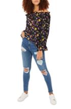 Women's Topshop Floral Tie Sleeve Off-the-shoulder Top Us (fits Like 0) - Black
