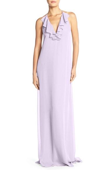 Women's Nouvelle Amsale 'daryl' Ruffle Neck Chiffon Halter Gown - Purple