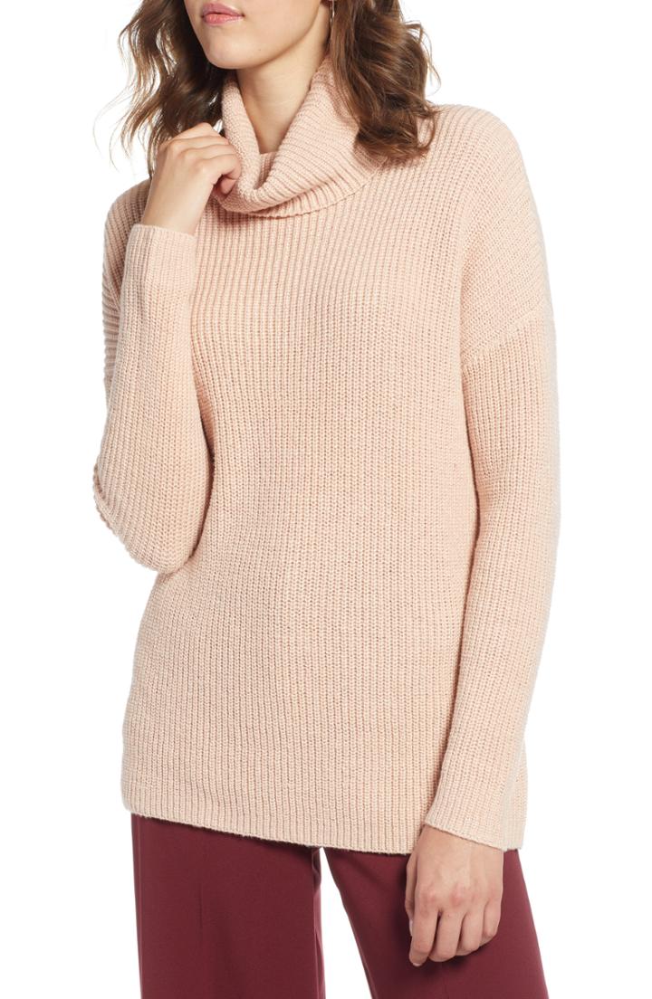 Women's Halogen Oversized Turtleneck Tunic Sweater, Size - Pink