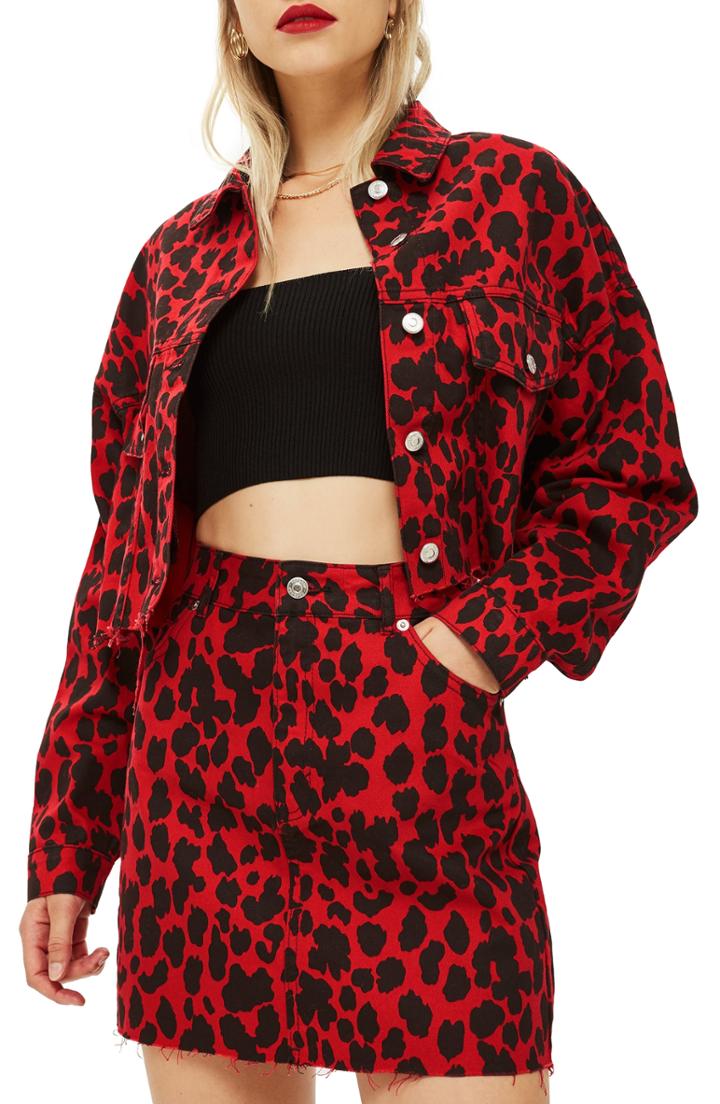 Women's Topshop Leopard Print Denim Jacket Us (fits Like 0) - Red