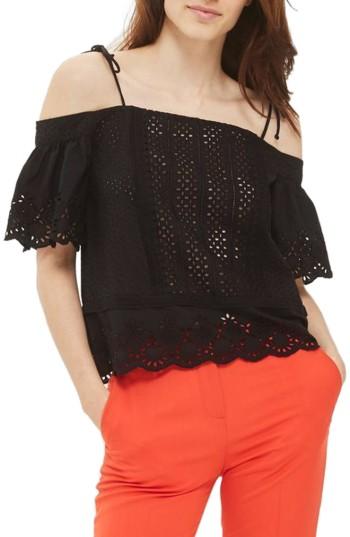 Women's Topshop Broderie Bardot Top Us (fits Like 0-2) - Black