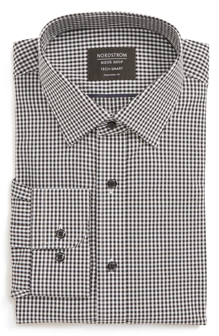Men's Nordstrom Men's Shop Tech-smart Traditional Fit Check Stretch Dress Shirt - 32/33 - Black