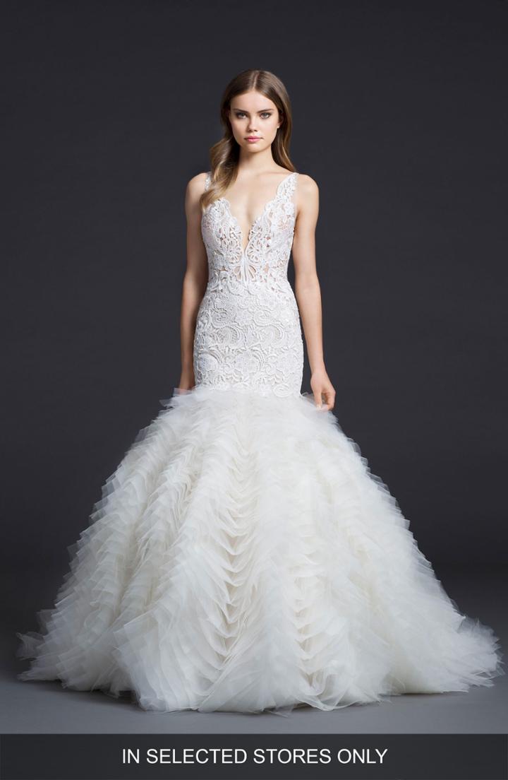 Women's Lazaro Crochet & Chiffon Mermaid Gown, Size - Ivory
