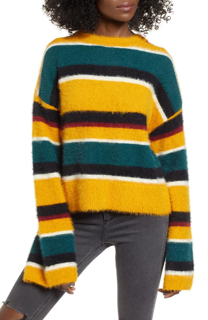 Women's Woven Heart Bell Sleeve Eyelash Chenille Sweater