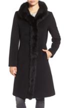 Petite Women's Cinzia Rocca Icons Genuine Fox Fur Trim Wool Coat P - Black