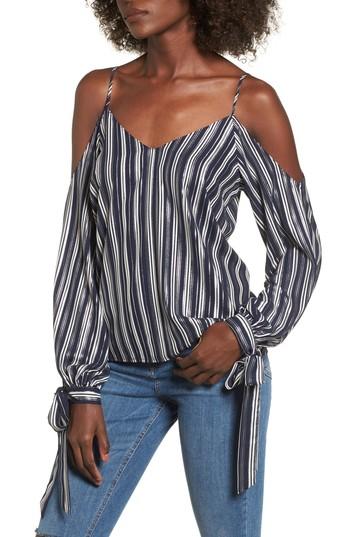 Women's Metallic Stripe Cold Shoulder Top - Blue