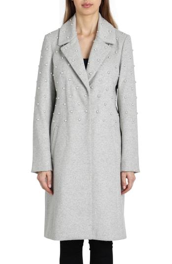 Women's Badgley Mischka Imitation Pearl Embellished Wool Coat - Grey
