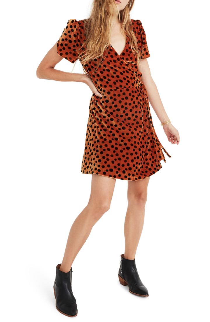 Women's Madewell Leopard Dot Velvet Wrap Dress, Size - Brown