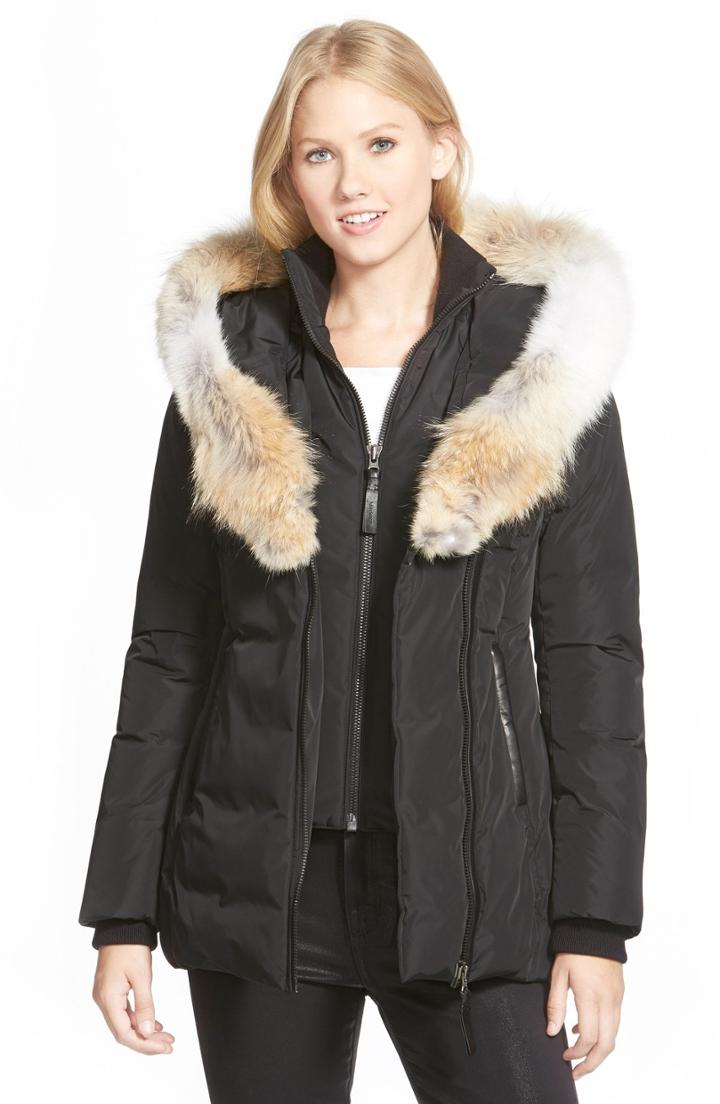 Women's Mackage Hooded Down Parka With Inset Bib & Genuine Fox Fur Trim - Black