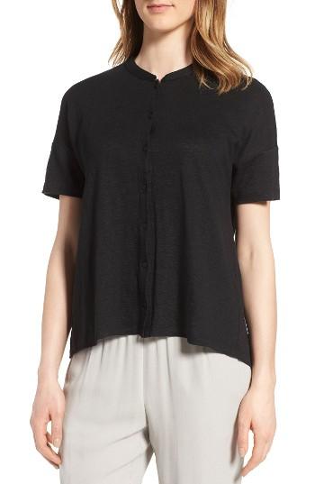 Women's Eileen Fisher Mandarin Collar Organic Linen Knit Shirt, Size - Black