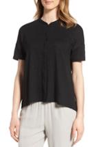 Women's Eileen Fisher Mandarin Collar Organic Linen Knit Shirt, Size - Black