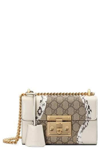 Gucci Small Padlock Gg Supreme Wave Shoulder Bag With Genuine Snakeskin Trim - White
