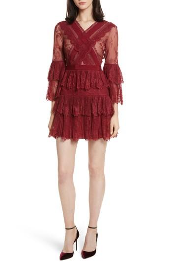 Women's Self-portrait Pleated Lace Dress - Burgundy