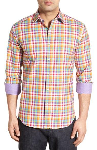 Men's Bugatchi Classic Fit Plaid Sport Shirt - Coral