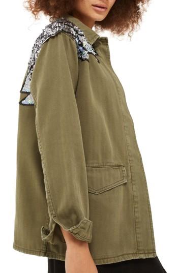 Women's Topshop Ethan Sequin Wing Shirt Jacket Us (fits Like 0) - Green