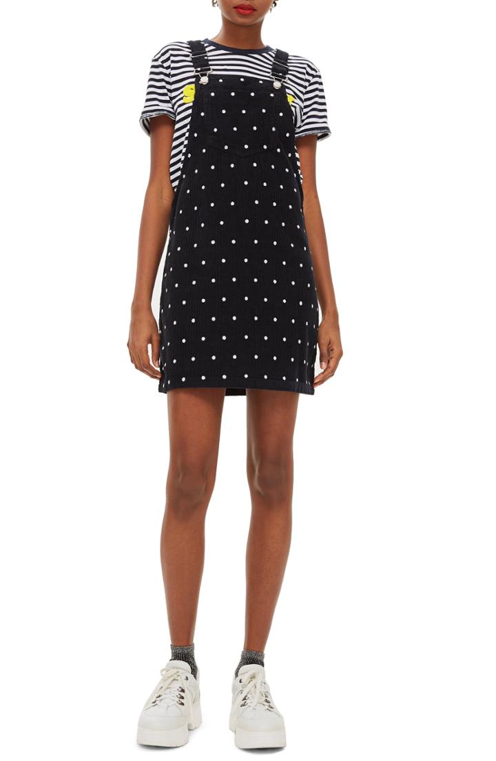 Women's Topshop Polka Dot Corduroy Pinafore Dress Us (fits Like 0) - Blue