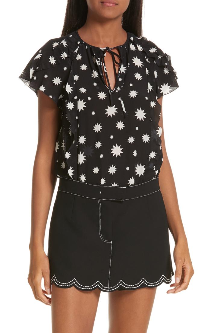 Women's Red Valentino Star Print Silk Crepe De Chine Top Us / 48 It - Black