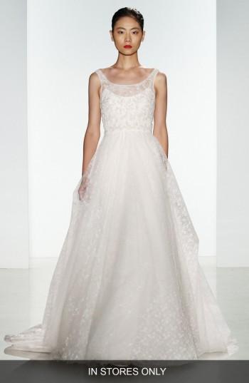 Women's Christos Bridal 'claire' Beaded Chantilly Lace & Floral Tulle Ballgown, Size - Ivory