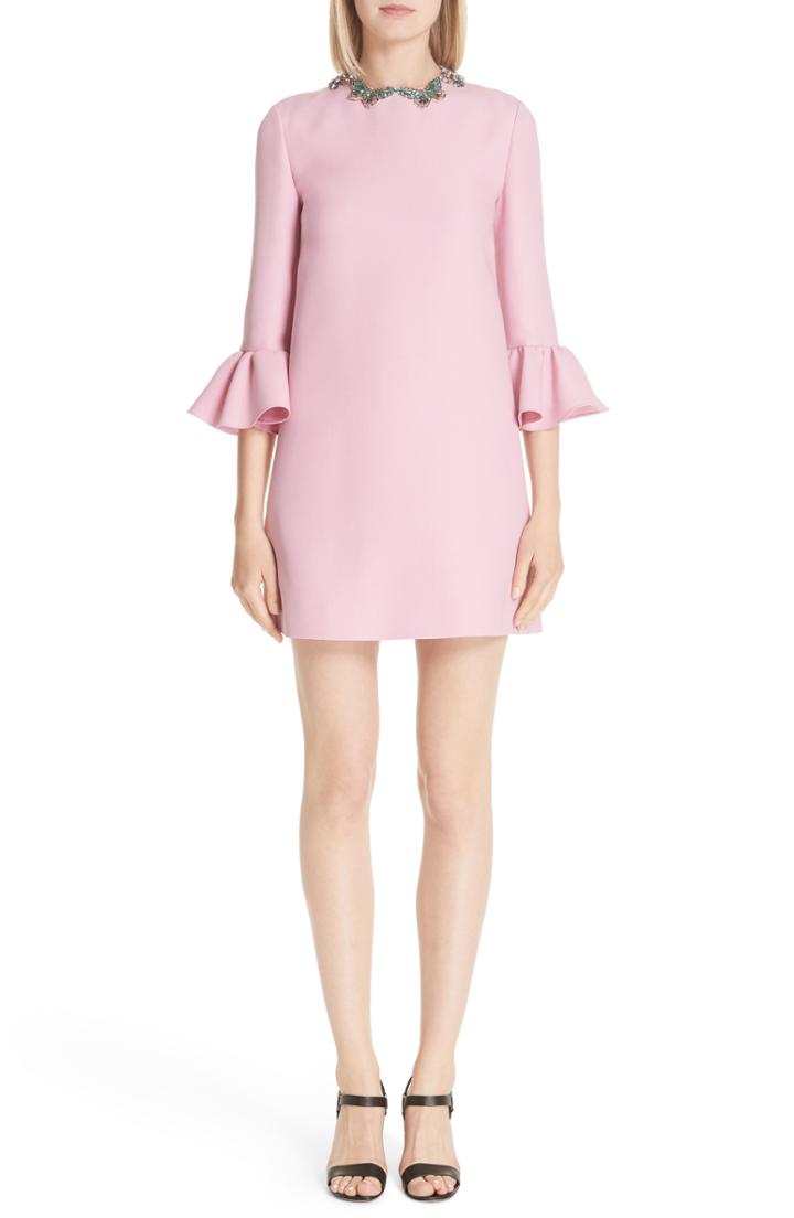 Women's Valentino Embellished Butterfly Neck Wool & Silk Shift Dress