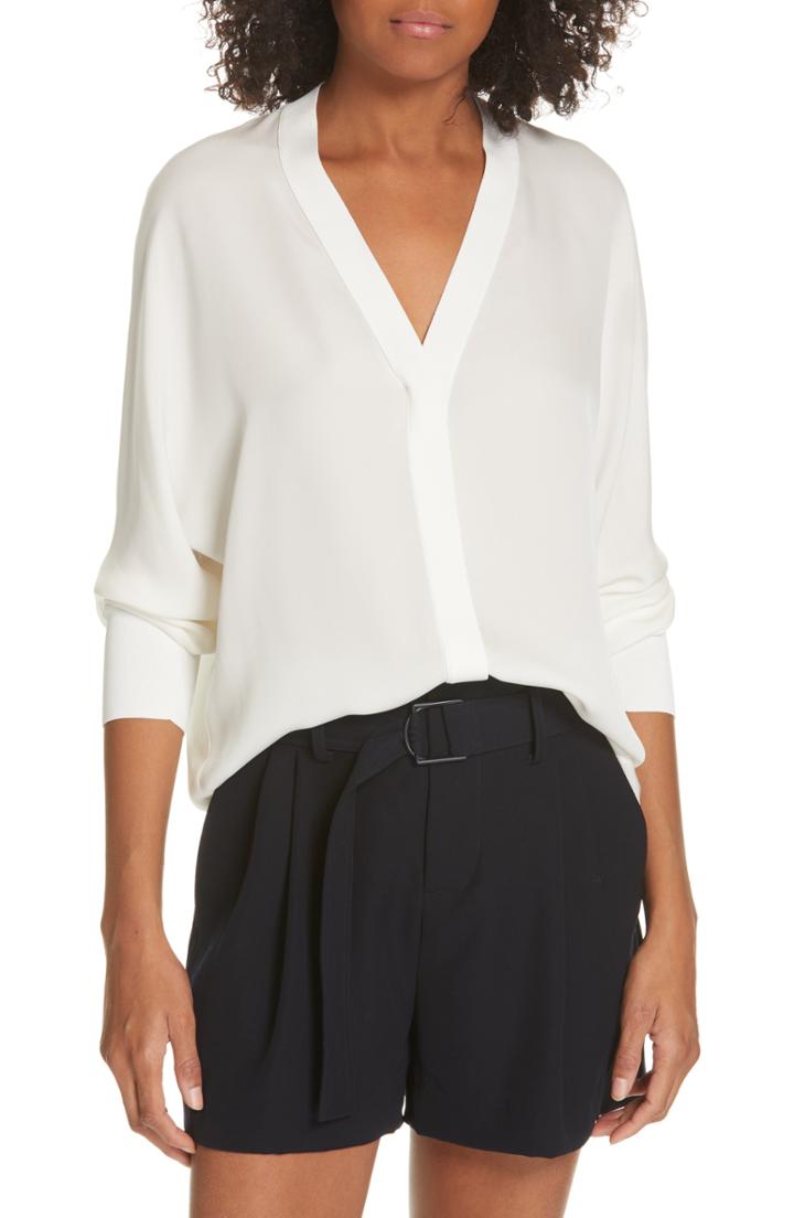 Women's Vince V-neck Rib Trim Silk Blouse, Size - Ivory