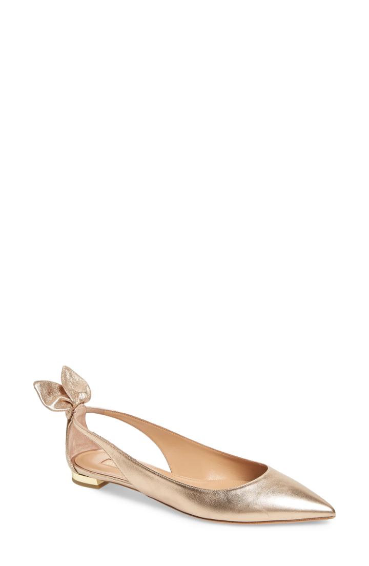 Women's Aquazzura Deneuve Bow Pointy Toe Flat .5us / 36.5eu - Metallic
