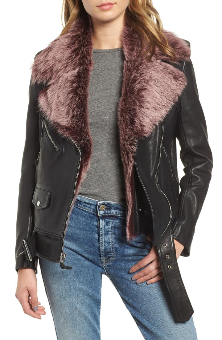Women's 7 For All Mankind Leather Biker Jacket With Removable Genuine Shearling Trim - Black