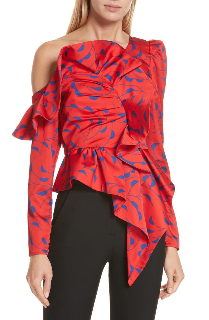 Women's Self-portrait Azalea Print Ruffle Detail One-shoulder Top - Red