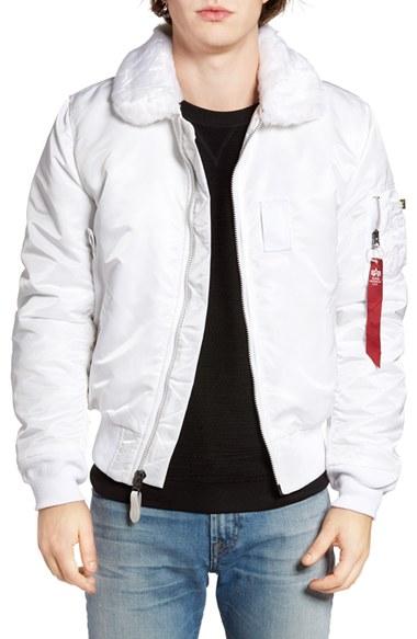 Men's Alpha Industries B-15 Removable Faux Fur Collar Flight Jacket - White