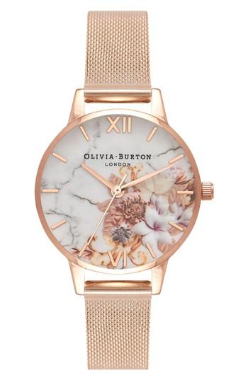 Women's Olivia Burton Marble Florals Mesh Strap Watch, 30mm
