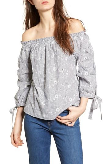 Women's Socialite Stripe Eyelet Off The Shoulder Top - Black