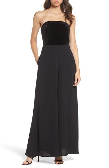 Women's Eliza J Embellished Belt Strapless Velvet & Crepe Jumpsuit - Black