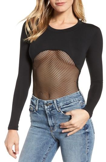 Women's Good American Fishnet Panel Bodysuit - Black