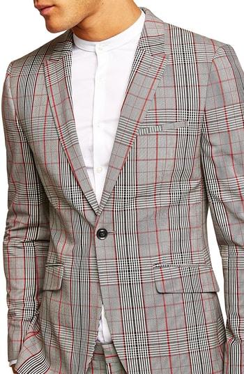 Men's Topman Muscle Fit Check Suit Jacket R - Grey