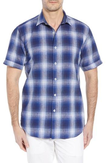Men's Bugatchi Shaped Fit Plaid Linen Blend Sport Shirt - Blue
