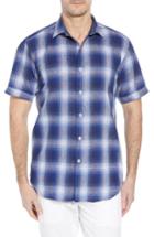 Men's Bugatchi Shaped Fit Plaid Linen Blend Sport Shirt - Blue