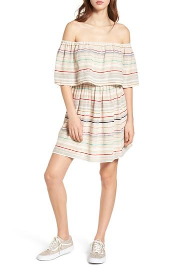 Women's Bp. Stripe Off The Shoulder Dress, Size - Beige