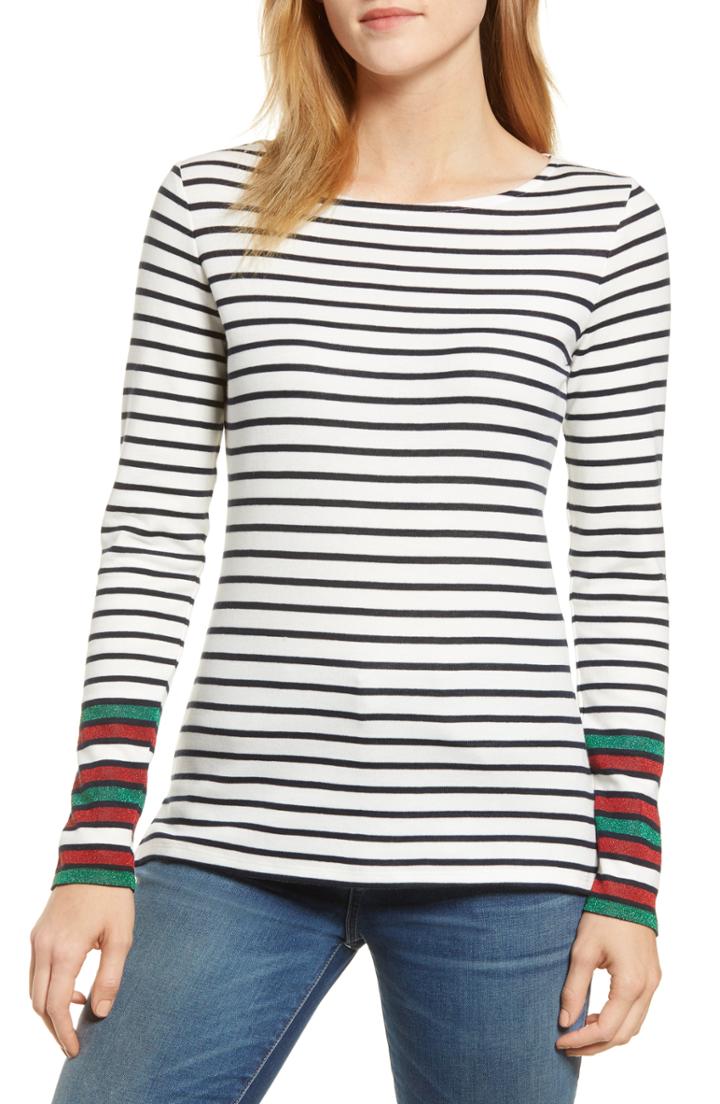 Women's Boden Breton Sparkle Stripe Long Sleeve Cotton Blend Tee - Ivory