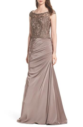 Women's La Femme Beaded Lace Ruched Gown