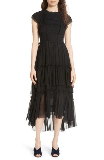 Women's Ulla Johnson Lenore Smocked Silk Cloque Dress - Black