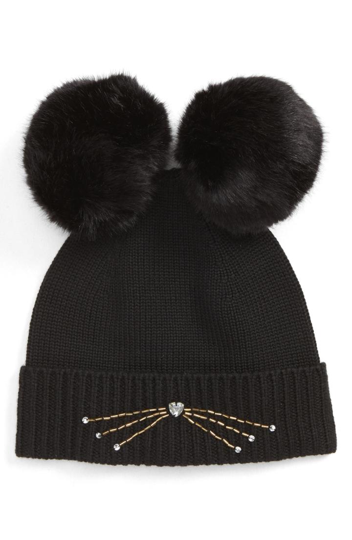 Women's Kate Spade New York Embellished Cat Wool Beanie With Faux Fur Poms -