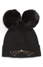 Women's Kate Spade New York Embellished Cat Wool Beanie With Faux Fur Poms -