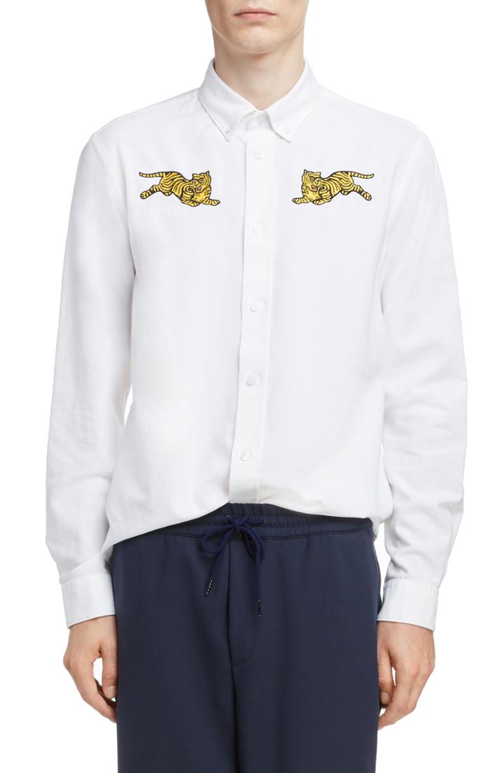 Men's Kenzo Jumping Tiger Crest Woven Shirt - White