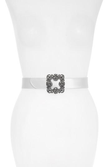 Women's Manolo Blahnik Hangisi Jewel Buckle Satin Belt - White