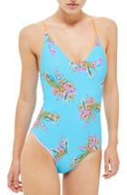 Women's Topshop Tropical Print Reversible One-piece Swimsuit Us (fits Like 0) - Blue