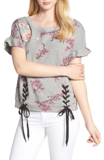 Women's Billy T Short Sleeve Lace Up Cherry Blossom Sweatshirt - Grey