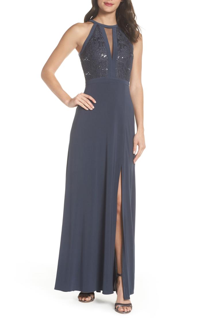 Women's Morgan & Co. Lace & Jersey Gown /10 - Grey
