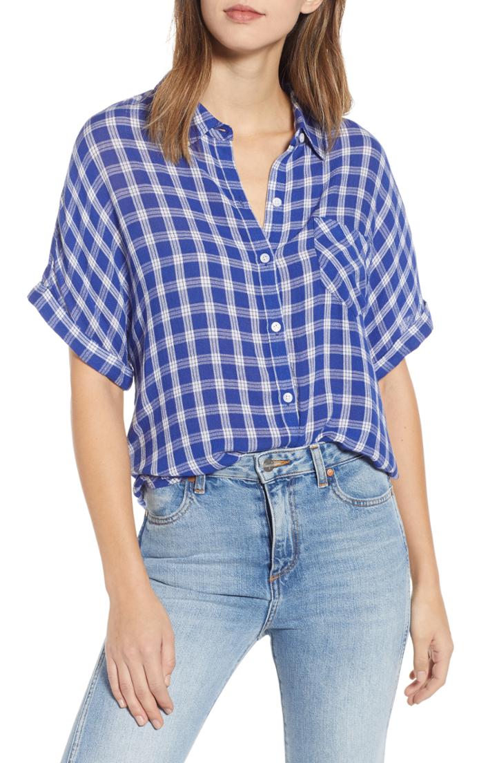 Women's Bp. Plaid Dolman Sleeve Shirt - Blue