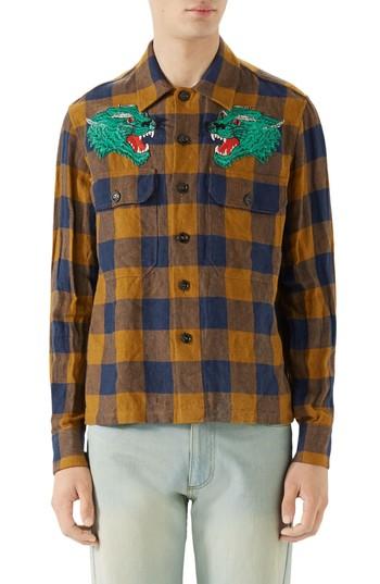 Men's Gucci Macro Gingham Panther Applique Linen Shirt Jacket Eu - Orange